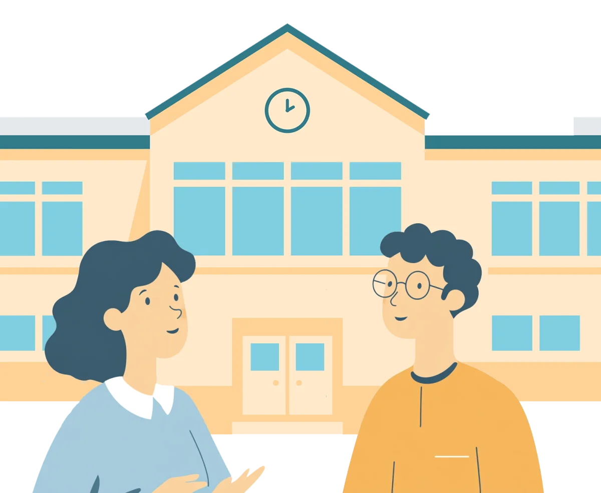 Illustration: Lehrkraft und Schüler im Gespräch vor einem Schulgebäude